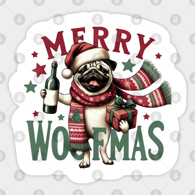 Merry Woofmas Funny Vintage Pug Christmas Sticker by Tintedturtles